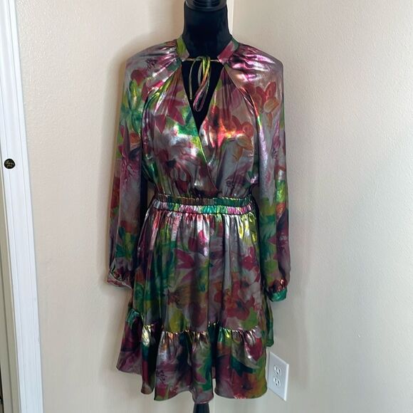 Current air Anthropologie floral metallic long sleeve mini dress - Picture 2 of 10